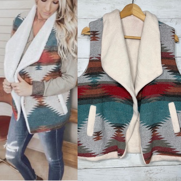 Aztec Sherpa Lined Cozy Vest Western Geometric Fall L/XL - Picture 1 of 4